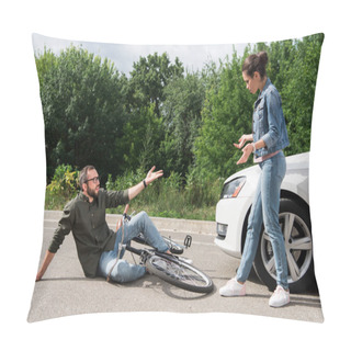 Personality  Driver And Biker Quarreling After Car Accident On Road Pillow Covers