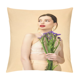Personality  Young Attractive Woman Holding Limonium Flowers And Looking Away Isolated On Beige  Pillow Covers