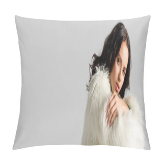 Personality  Brunette Young Woman In Faux Fur Jacket Posing On White Background, Banner Pillow Covers