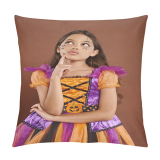 Personality  Thoughtful Girl In Colorful Costume With Halloween Makeup Looking Away On Brown Background, October Pillow Covers