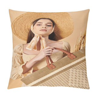 Personality  A Stylish Young Woman With Flowing Brunette Hair Poses In A Summer Outfit, Exuding A Warm And Summery Vibe. Pillow Covers