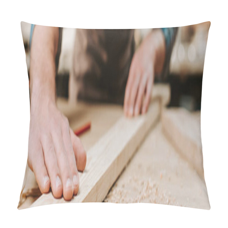 Personality  Panoramic Shot Of Carpenter Touching Wooden Plank  Pillow Covers