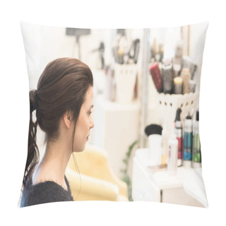 Personality  Beautiful Young Woman With Wavy Elegant Ponytail Pillow Covers