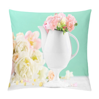 Personality  Composition Beautiful Spring Flowers In Teapot On Light Blue Background Pillow Covers