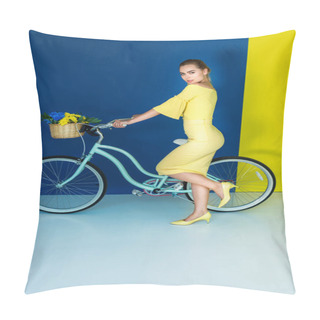 Personality  Female Fashion Model Holding Bicycle On Blue And Yellow Background Pillow Covers