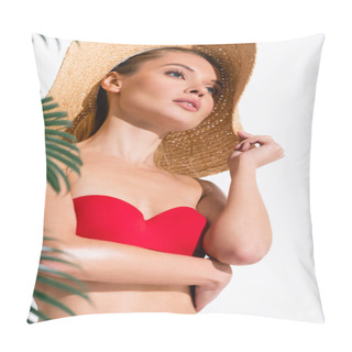 Personality  Young Woman In Swimsuit Touching Straw Hat While Posing Near Palm Leaves On Blurred Foreground On White Pillow Covers