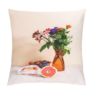 Personality  Floral And Fruit Composition With Bouquet In Vase, Berries, Grapefruit And Apricots On Wooden Surface On Beige Background Pillow Covers