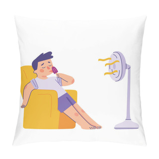 Personality  Young Man Sitting And Licking Popsicle In Front Of Standing Fan, Boy Sitting On Sofa And Enjoy His Popsicle In Hot Summer Days, Summer Concept - Vector Pillow Covers