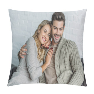 Personality  Portrait Of Smiling Couple Hugging And Looking At Camera On Sofa In Living Room Pillow Covers