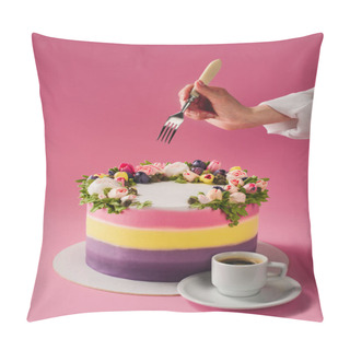 Personality  Cropped Shot Of Woman With Fork, Cup Of Coffee And Cake Decorated With Cream Flowers Isolated On Pink Pillow Covers