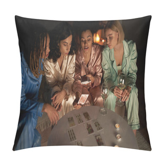 Personality  Divination, African American Woman In Pajama Holding Tarot Cards And Taking To Multiethnic Girlfriends Near Glasses Of Wine And Candles During Girls Night At Home, Bonding Time  Pillow Covers