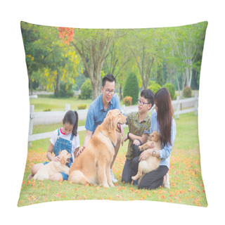 Personality  Asian Family With Dogs Sitting At Park In Spring Season Pillow Covers