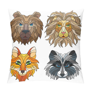 Personality  A Set Of Stained Glass Items, Stained Glass With Animal Heads, A Fox, A Lion, A Bear And A Raccoon, Isolates On White Background Pillow Covers