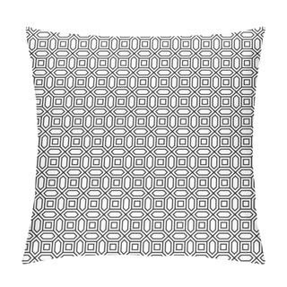 Personality  Repeated White Figures On Black Background. Geometric Wallpaper. Seamless Surface Pattern Design With Convex Hexagons And Regular Squares. Tiles Motif. Digital Paper For Textile Print. Vector Art. Pillow Covers