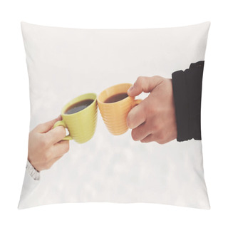 Personality  Two Cups Of Coffee In The Hands Of Happy Couple Pillow Covers