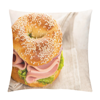Personality  Fresh Delicious Bagel With Sausage On Napkin On Textured Surface Pillow Covers