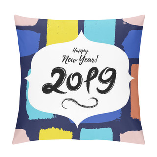 Personality  2019 Happy New Year Cute Greeting Card On Hand Drawn Messy Background. Sketcy Kids Holidays Banner, Sticker, Tag, Brush Stroke Wallpaper. Pillow Covers