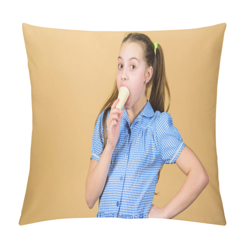 Personality  Change the world, one dessert at a time. Adorable kid enjoy frozen iced cream dessert. Small child licking ice cream dessert in waffle cone. Cute little girl eating frozen cream dessert, copy space pillow covers
