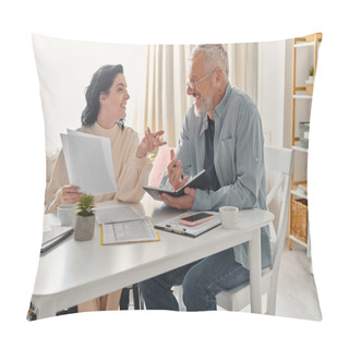 Personality  A Man And A Disabled Woman In A Wheelchair Sit At A Table, Engaged In Deep Conversation In Their Kitchen At Home. Pillow Covers