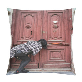 Personality  A Woman Peeks At The Door, A Person Opens An Old Door, Old European Architecture Pillow Covers