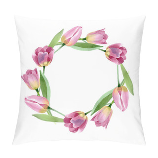Personality  Pink Tulips Floral Botanical Flowers. Watercolor Background Illustration Set. Frame Border Ornament Square. Pillow Covers