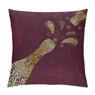 Personality  Greeting Background With Gold Patterned Champagne Bottle With Cork Emitted. Ornament In Ethnic Style With The Indian Henna Motive.  Pillow Covers