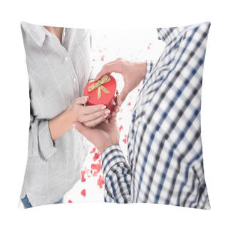 Personality  Cropped Image Of Girlfriend Giving Boyfriend Present Box Isolated On White, Valentines Day Concept Pillow Covers
