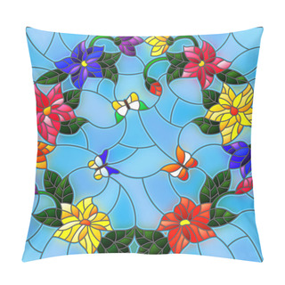 Personality  Illustration In Stained Glass Style With Bright Colored Flowers In A Circle And Butterflies On A Blue Background Pillow Covers