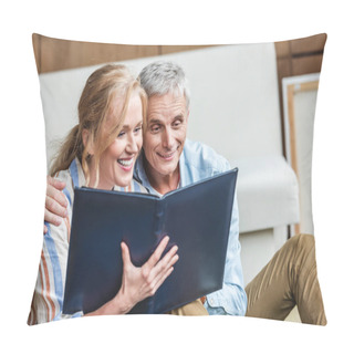 Personality  Beautiful Happy Elderly Couple Looking At Photo Album Together Pillow Covers