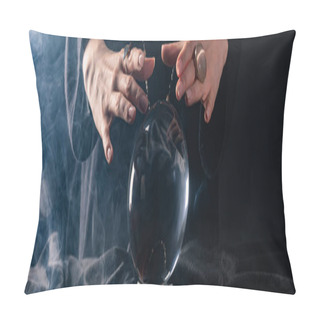 Personality  Cropped View Of Witch Performing Ritual With Crystal Ball On Black, Panoramic Shot Pillow Covers