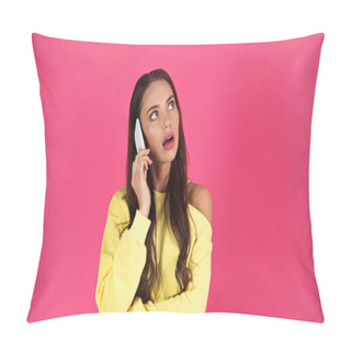 Personality  Thoughtful Young Adult Woman With Open Mouth Speaking On Cellphone Isolated On Pink  Pillow Covers