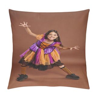 Personality  Spooky Girl In Halloween Witch Costume Growling And Gesturing On Brown Backdrop, Full Length Pillow Covers