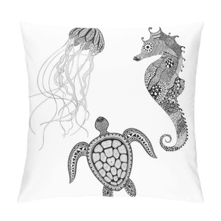 Personality  Zentangle Stylized Black Turtle, Sea Horse And Jellyfish. Hand D Pillow Covers