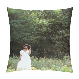 Personality  Selective Focus Of Beautiful African American Girl Touching Curly Hair In Field With Wildflowers  Pillow Covers