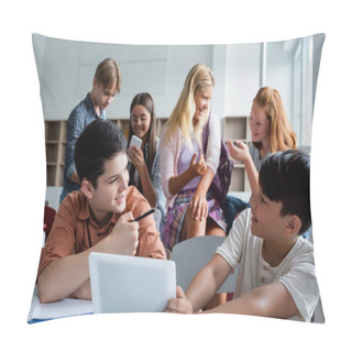 Personality  Cheerful Asian Child Holding Digital Tablet Near Friend And Classmates  Pillow Covers