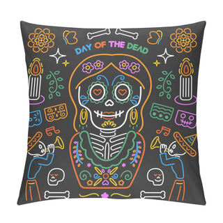 Personality  Day Of The Dead Illustration. Colorful Line Doodle Style Beautiful Female Skeleton With Sugar Skull Make Up And Holiday Design Elements On Black Background. Pillow Covers