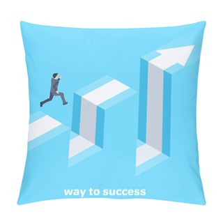 Personality  Isometric Vector Image On A Blue Background, A Man In A Business Suit Jumps Over Failure, Movement To Success Pillow Covers