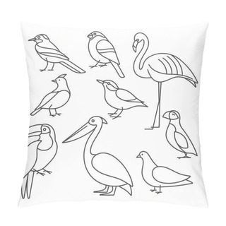 Personality  Vector Illustration Set Of Birds - Pigeon, Nuthatch, Flamingo, Toucan And Others In Trendy Linear Style. Isolated On White. Pillow Covers