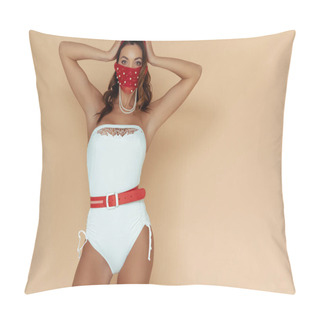 Personality  Stylish Girl In Bathing Suit And Mask Touching Hair And Standing On Beige  Pillow Covers
