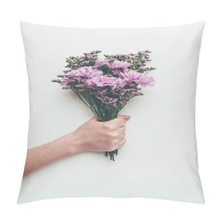 Personality  Cropped Shot Of Person Holding Beautiful Elegant Bouquet Of Tender Flowers Isolated On Grey Pillow Covers