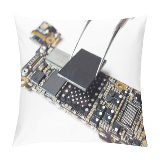 Personality  Technician Replacing Flash Storage Of Smartphone Motherboard  Pillow Covers