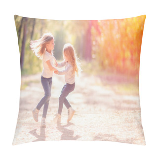 Personality  Two Little Girls Dancing And Having Fun Together Outdoors Pillow Covers