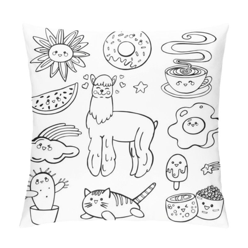 Personality  Cute kawaii style doodle hand drawn contour black collection set. Sweet llama, donut, cactus, sweets, ice cream, cat, rainbow, cloud, cup of coffee. Lovely baby style vector illustration isolated on white background pillow covers