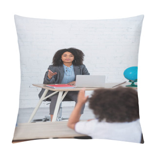 Personality  African American Teacher Pointing With Hand At Blurred Pupil  Pillow Covers