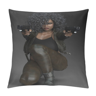 Personality  Beautiful Urban Fantasy PoC Curvy Woman In Black Leather And Jeans With Guns Pillow Covers