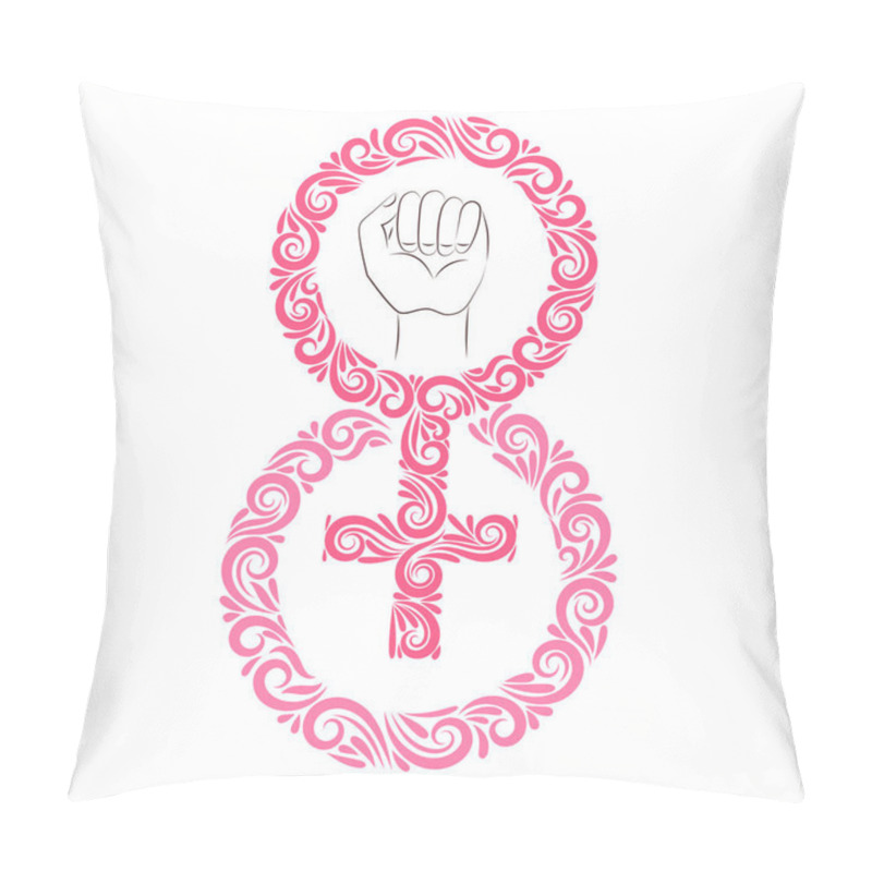 Personality  Silhouette of the female symbol of Venus, eight, fist up from elements ornament. Postcard Happy Women's Day. March 8. pillow covers