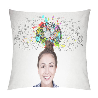 Personality  Smiling Young Woman With A Bun, Gear Brain Pillow Covers