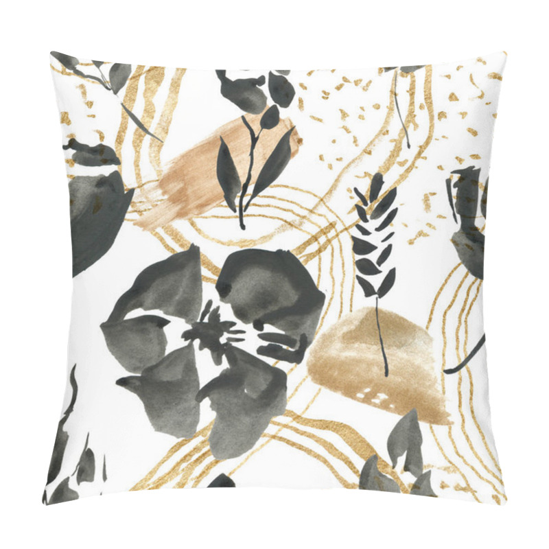 Personality  Watercolor floral seamless pattern of abstract black flowers and beige spots. Hand painted minimalistic illustration isolated on white background. For design, print, fabric or background. pillow covers