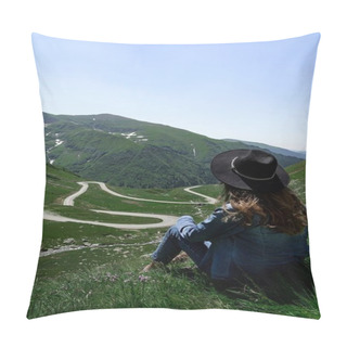 Personality  Girl Sitting On Hill And Looking At Road Transfagarasan In Romania Pillow Covers