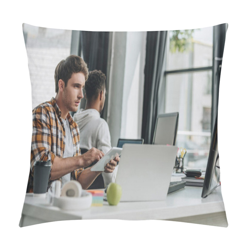 Personality  Selective Focus Of Young Programmer Working In Office Near African American Colleague Pillow Covers